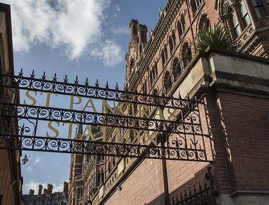 A pair of cast iron gates made from the railing panels at St Pancras Station height 9ft, width 6ft.